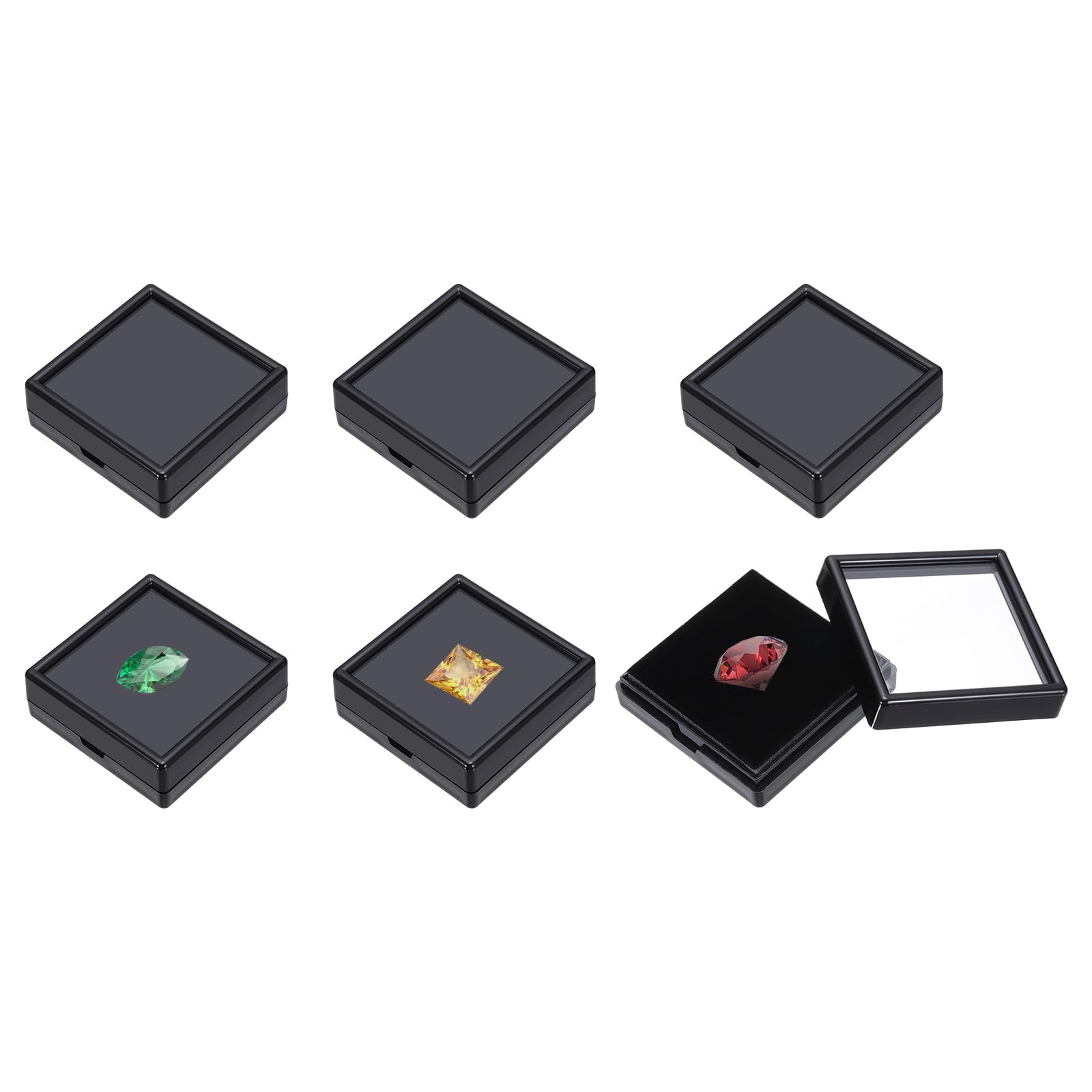 sourcing map 6Pcs Gemstone Display Box, 2.4x2.4x0.8inch Acrylic Small Diamond Cases Square Jewelry Boxes Container with Sponge Cushions Clear Lids for Gems Coins Ring Crystal, Black