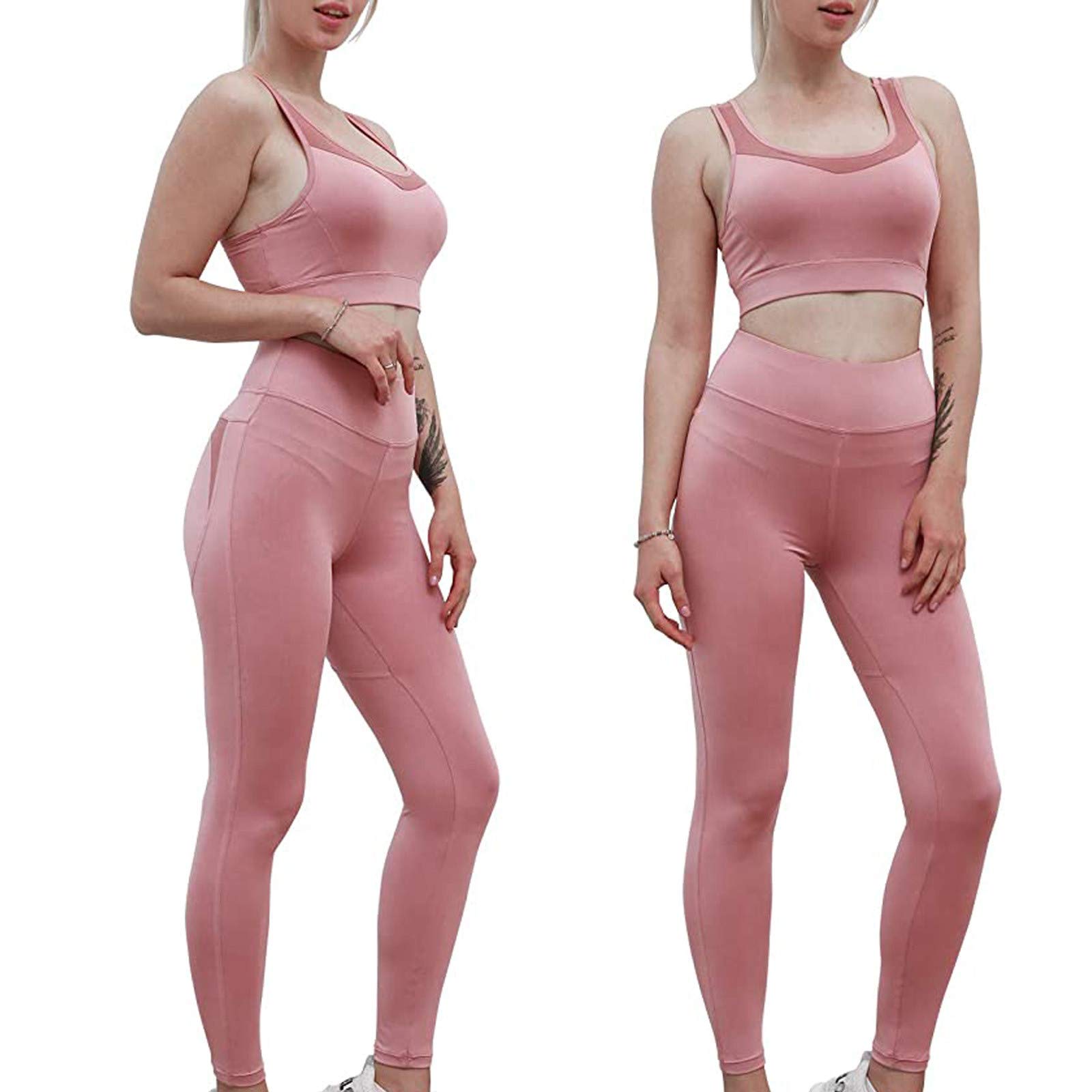 Jogginganzug Damen Set- 5 Teiligs Sport Set Workout Outfits Für Frauen Trainingsanzug Gym Fitness Kleidung Outsits Laufbekleidung Sportkleidung Langarm Yoga Leggings Kapuzenjacke Crop-Tanktop Shorts