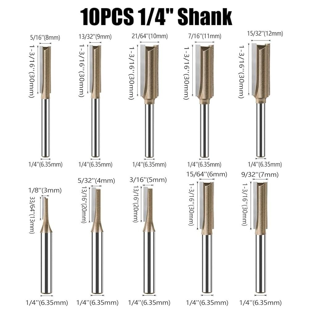 Fresa para aplanar con vástago de 1/4 o 1/2 pulg | Fresa para ranurar y mecanizar superficies de madera con fresadoras compatibles(10pcs 1/4")