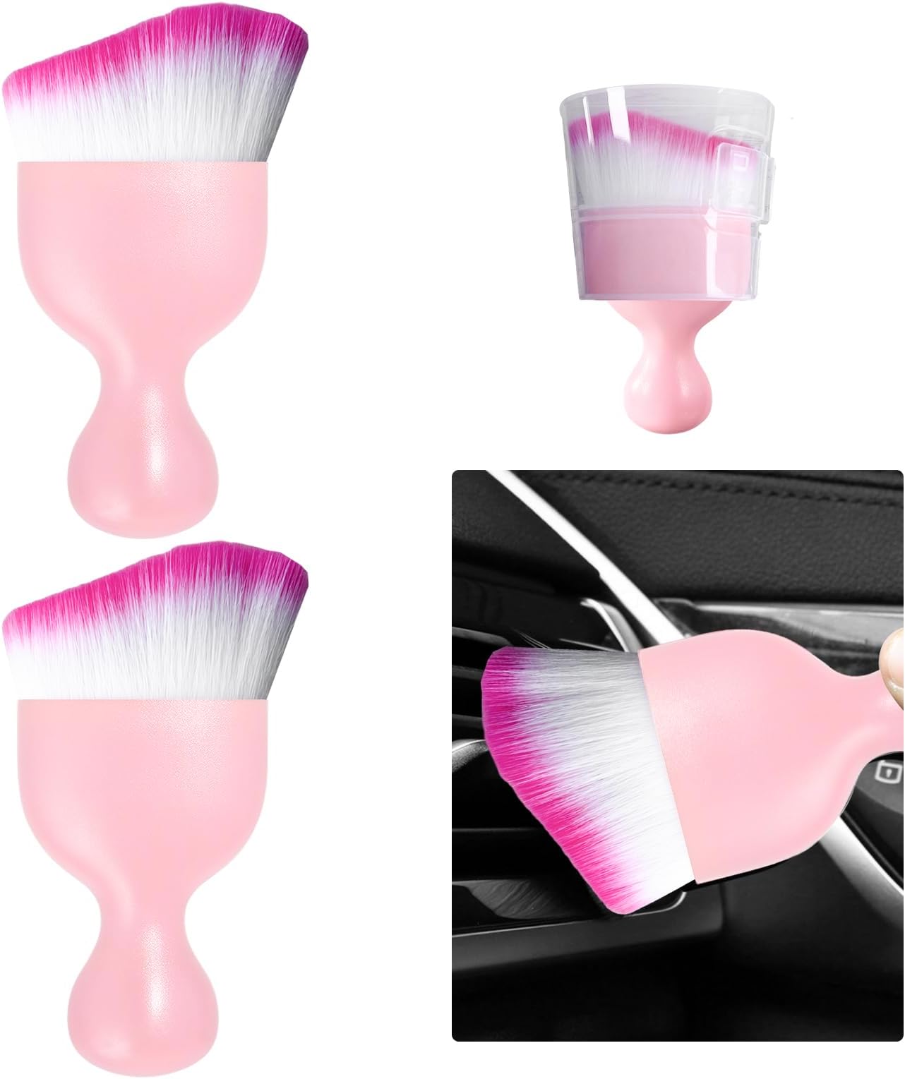 Ziciner 2 PCS Car Detailing Brush, Curved Soft Bristles Auto Removal Dust Collectors, Universal Vehicle Dashboard, Air Conditioner Vents etc Interior Cleaning Tool Accessories (Pink/White/Red)