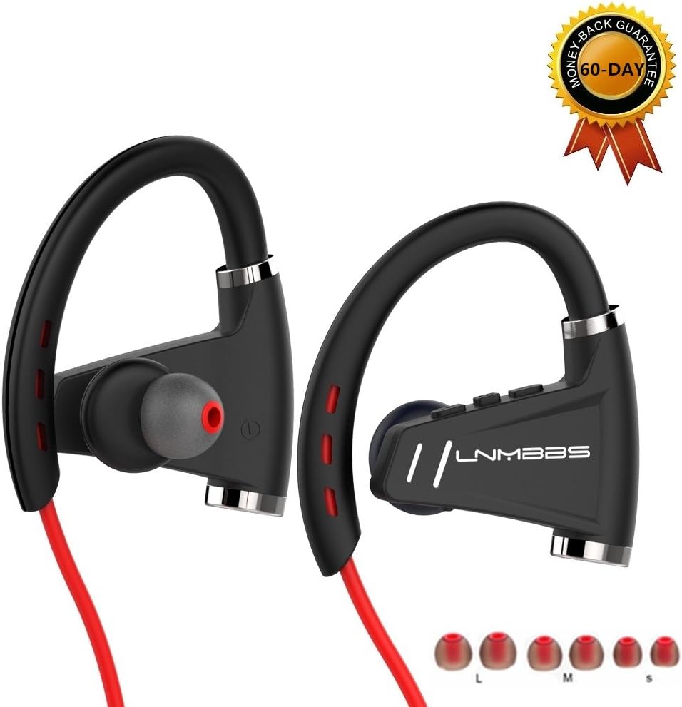 LNMBBS U9 Bluetooth Headsets V4.1 Wireless Sports Stereo Earphones Noise Cancelling IPX5 Waterproof Earbuds for Gym Running,12 Hours Music Time (Red)