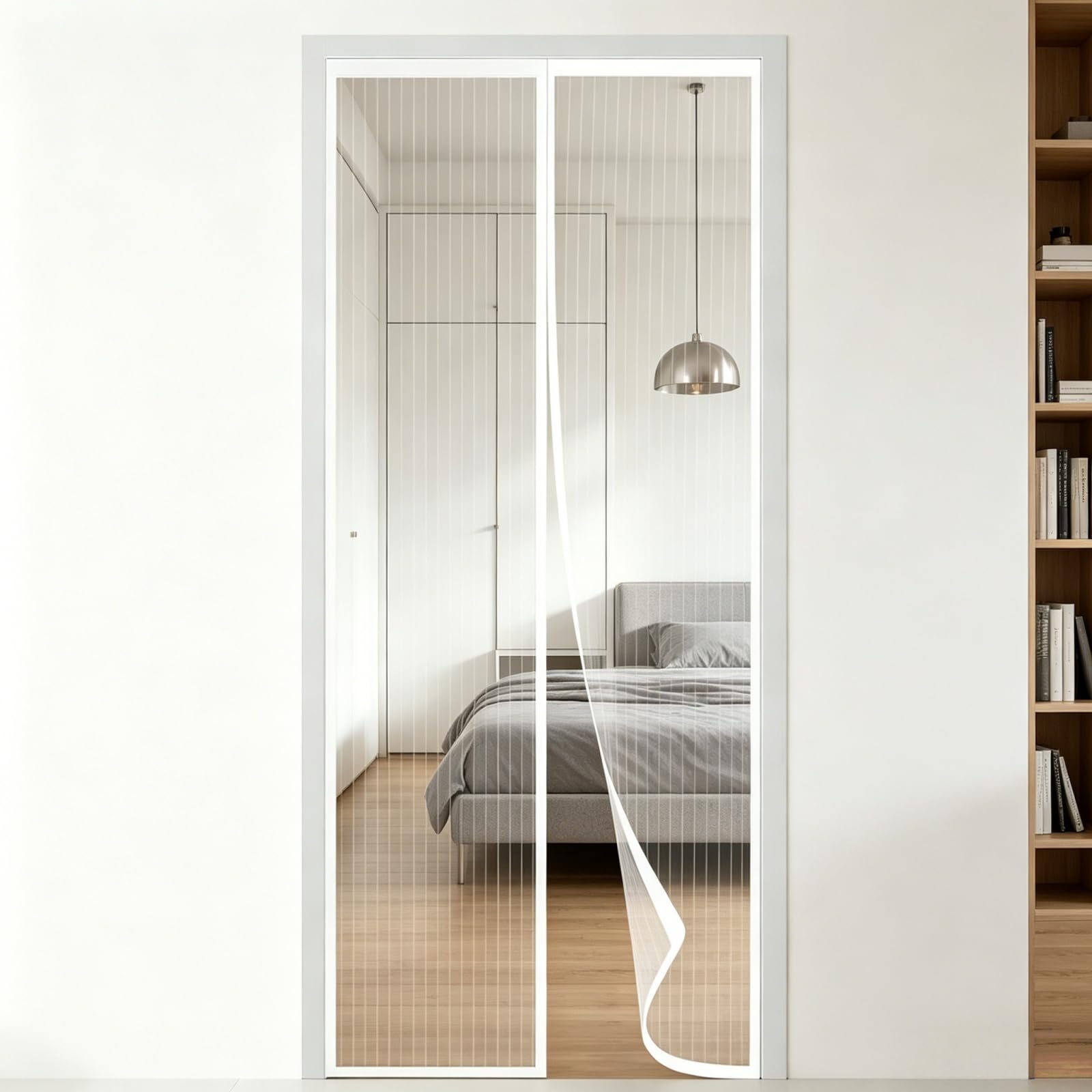 Magnetic Fly Screen Door 109 x 202 cm with Powerful Magnets & Full Frame Magic Tape Fly Nets for Doors Easy to Install Without Drilling for Terrace, Cellar Sliding Doors, White