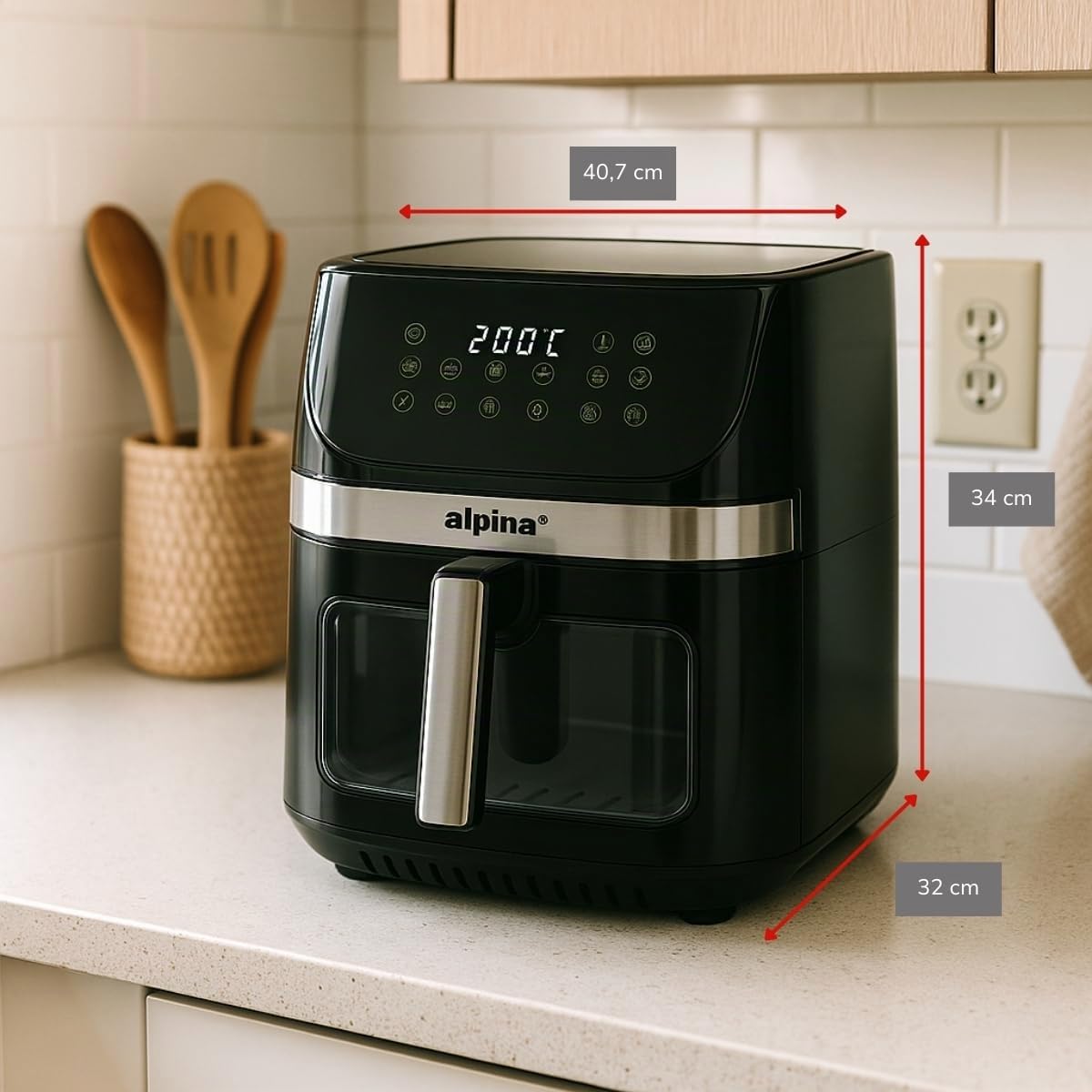 alpina Air Fryer 9L- Airfryer XXL - Friteuse sans Huile avec Écran Digital - Friteuse Electrique avec Minuterie et Température de 60 à 200℃ - avec 8 Programmes de Cuisson et Fenêtre de Visualisation