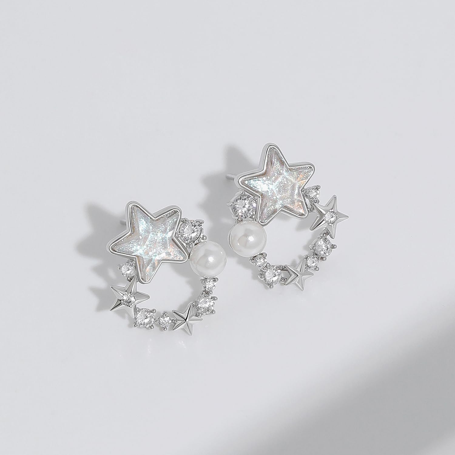 Meissa Orecchini a stella di perle fatti a mano per ragazze Tee Orecchini a perno plissettati d'oro Stella d'argento con zirconi Ipoallergenici, Argento