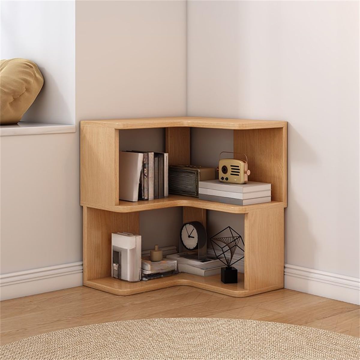 KWOKING L-Shape Bedroom Corner Cube Storage Cabinet Book Shelf Floor Bookshelf Solid Wood Storage Shelves Triangle Corner Bookcase Natural 22" L x 22"