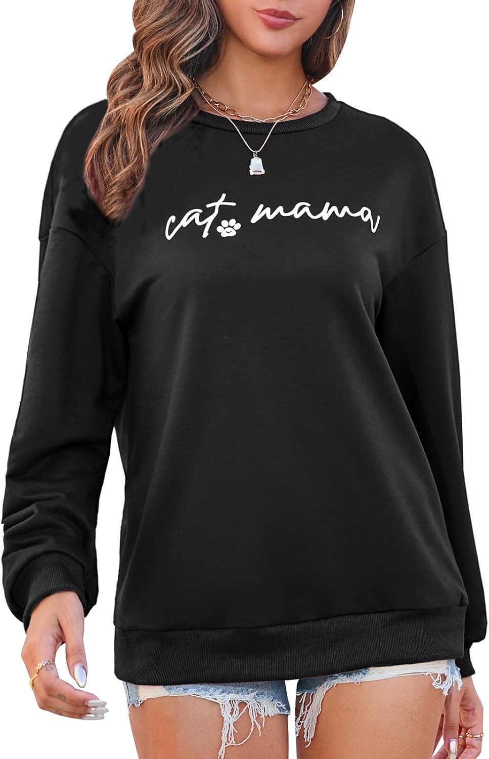 Women's Crewneck Sweatshirts Loose Fit Cat Mom Long Sleeve Shirts Funny Fall Pullover Sweatshirt Blouse