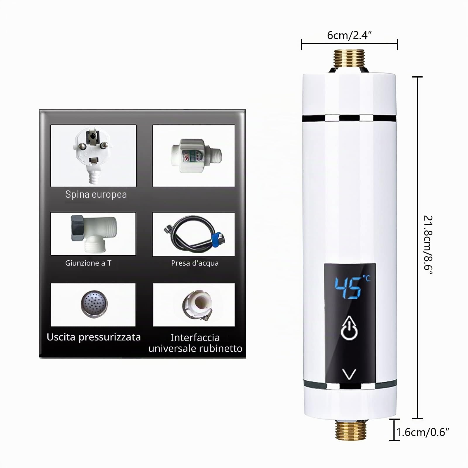 Scaldacqua elettrico istantaneo, mini scaldabagno elettrico con display digitale, temperatura regolabile, scaldabagno senza serbatoio per cucina, bagno (bianco 3500 W)