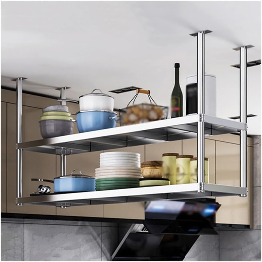 Ceiling Storage Shelving, Kitchen 2 Tier Stainless Steel Hanging Mount Shelf Unit, Heavy Duty Floating Organization Rack for Warehouse Pantry Bar Garage (Color : Silver, Size : 70x35x100cm)