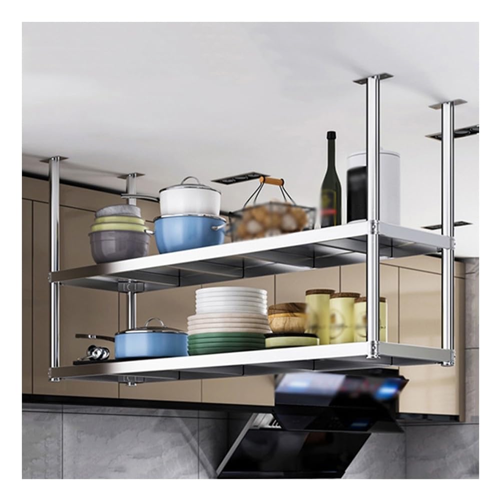 Decke Lagerung Regale, Küche 2 Etagen Edelstahl Hängend Montieren Regal Einheit, Schwerlast Schwebend Organisation Gestell Für Lager Speisekammer Bar Garage (Farbe : Silver, Größe : 150x40x1