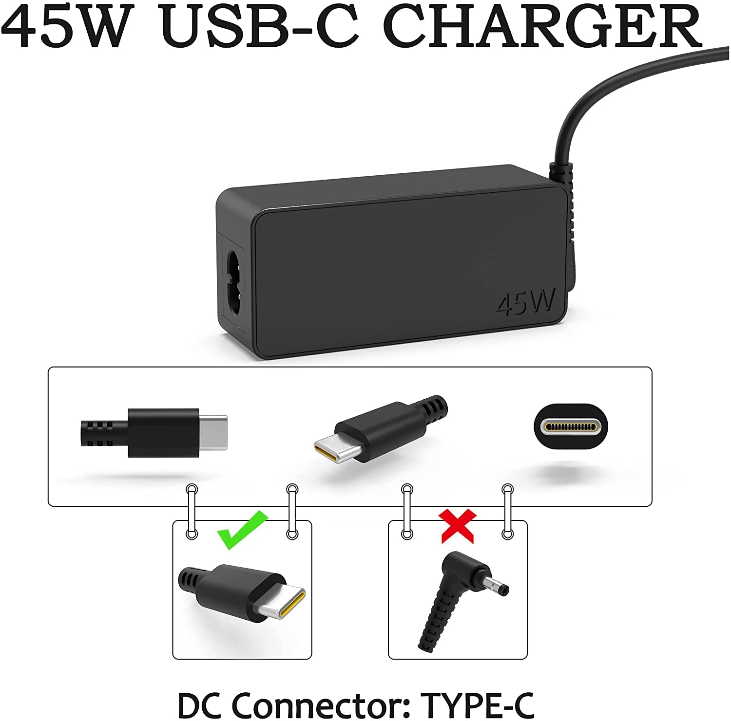Cargador USB-C 45W Para Portátiles HP, Dell, Lenovo Y Más - Compatible Con Chromebook, Samsung Galaxy Book