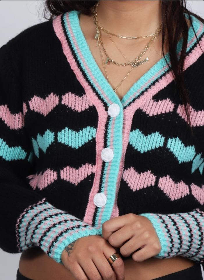 Image of Valentine's Day Cardigan Sweaters for Women Love Heart Print Button Down Cropped Cardigans Y2K Open Front Knit Sweater