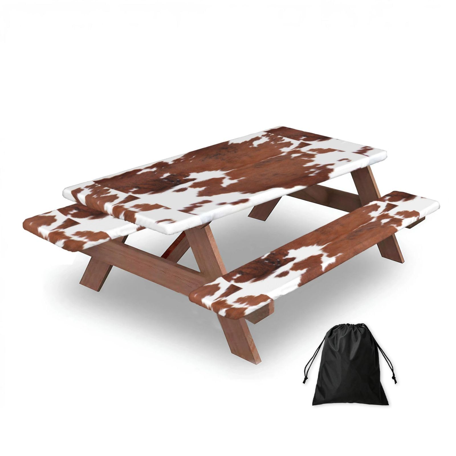 Dopklna As Picture Brown Cowhide, Picnic Table Cover With Bench Covers -Waterproof Elastic Fitted Tablecloth For Garden Camping Patio 76X152cm