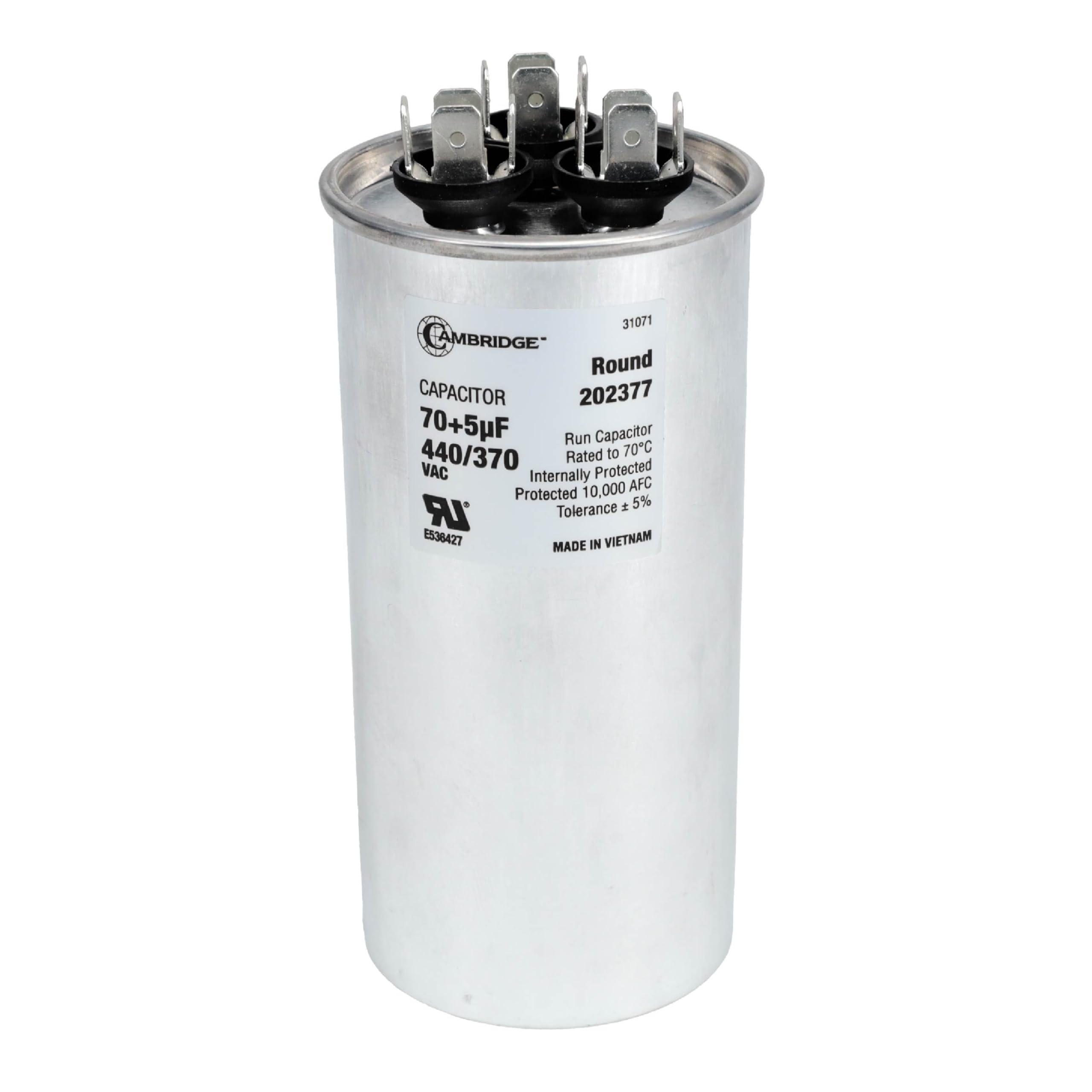 70+5uF 70/5 MFD ±5% 370/440VAC Dual Run Round AC Capacitor for A/C Motor Run, Fan Start, Condenser Run Capacitors, Heat Pump Air Conditioner Capacitor