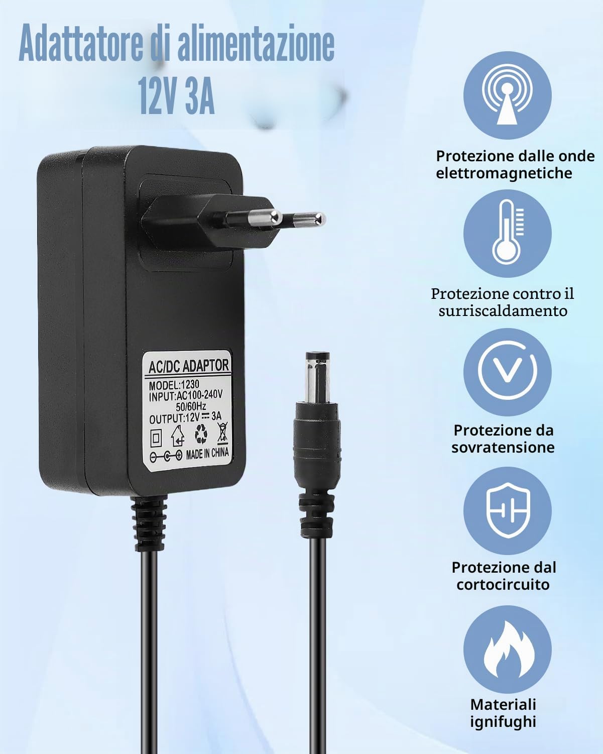 Adattatore di Alimentazione 12V 3A 36W, AC 100-240V 50/60Hz a DC 12V, Alimentatore dc 12v 3a per NVR, DVR, Strisce LED, Telecamere, Monitor LCD, Aspirapolvere, CCTV Camera Router, 5,5x2,1mm, Cavo 1,5M
