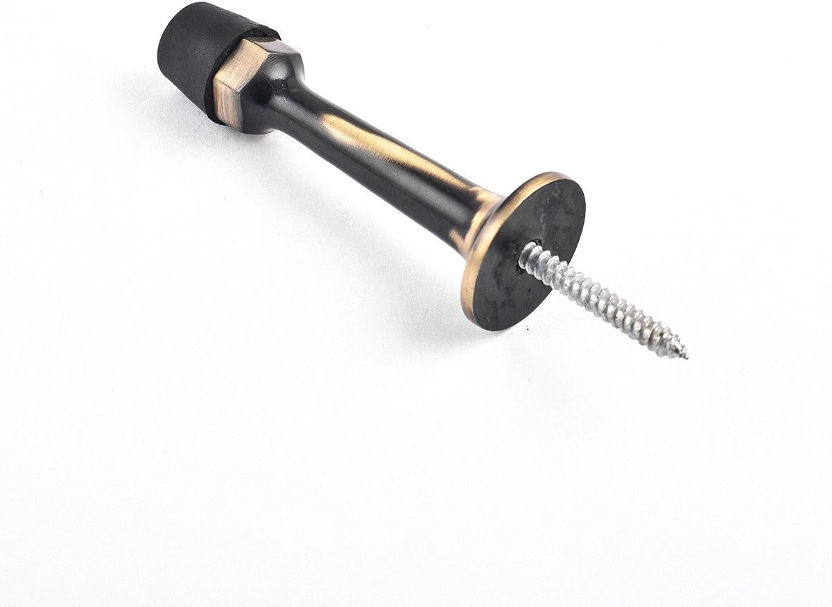 Antique Brass Door Stop Bumper Wall Mount 3 1/2" Long Traditional Black Rubber Bumper Tip Door Stopper for Absorbing Shock Door Wall Protector with Hardware Renovators Supply Manufacturing Pack of 2