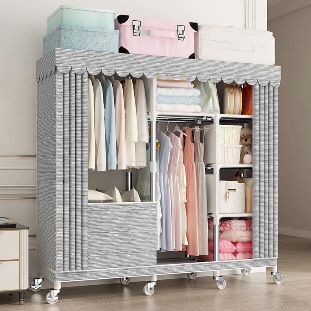 Arabest Portable Wardrobe Storage Closet with Storage Bag And Wheels, Closet Storage Rack, Free-Standing Rolling Clothes Rack with Fitted Zippered Non-Woven Cover, Durable & Easy to Assemble