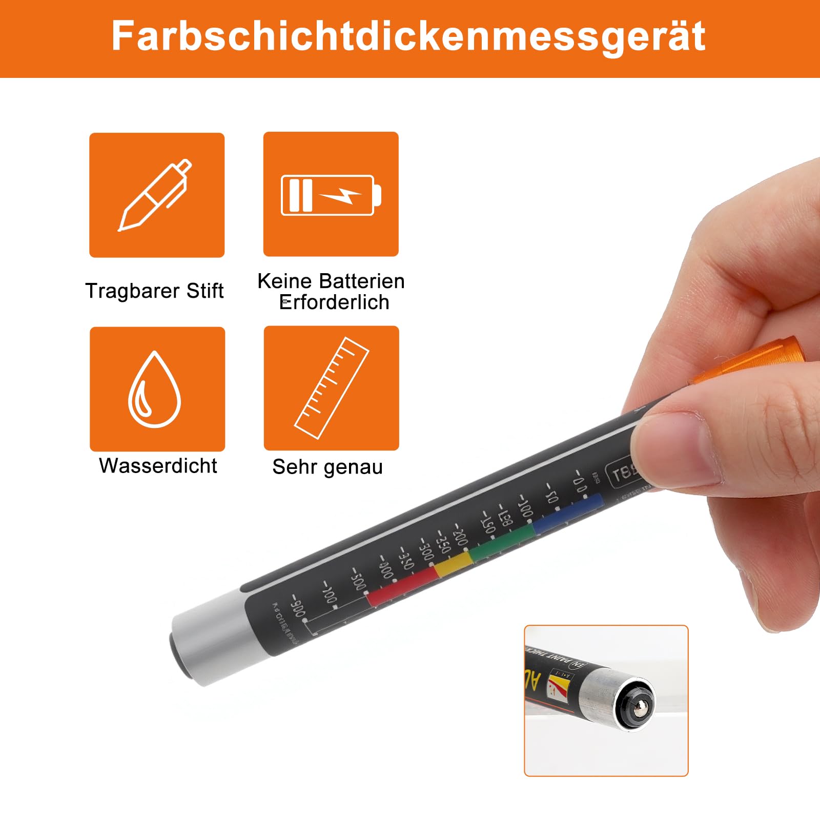 Produktbild von Magnetisches Lackdickenmessgerät – Batteriefrei, ±20 μm Genau, Mit Farbskala, Für Auto-Lackprüfung, Gebrauchtwagencheck