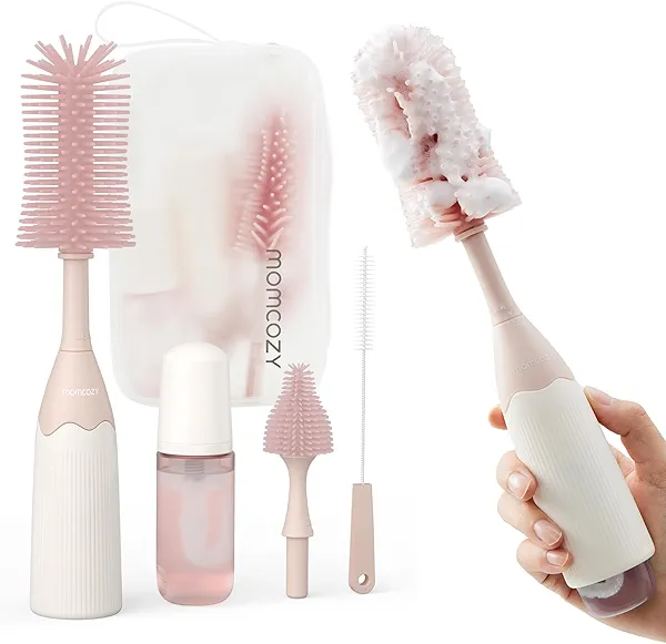 Momcozy Bottle Brush Kit, Innovative Push-Press Design for Better Cleaning - Baby Bottle Cleaner Brush for Baby Bottle, Breast Pumps, Nipples, and More - Can Generate Foam for Better Cleaning, Pink