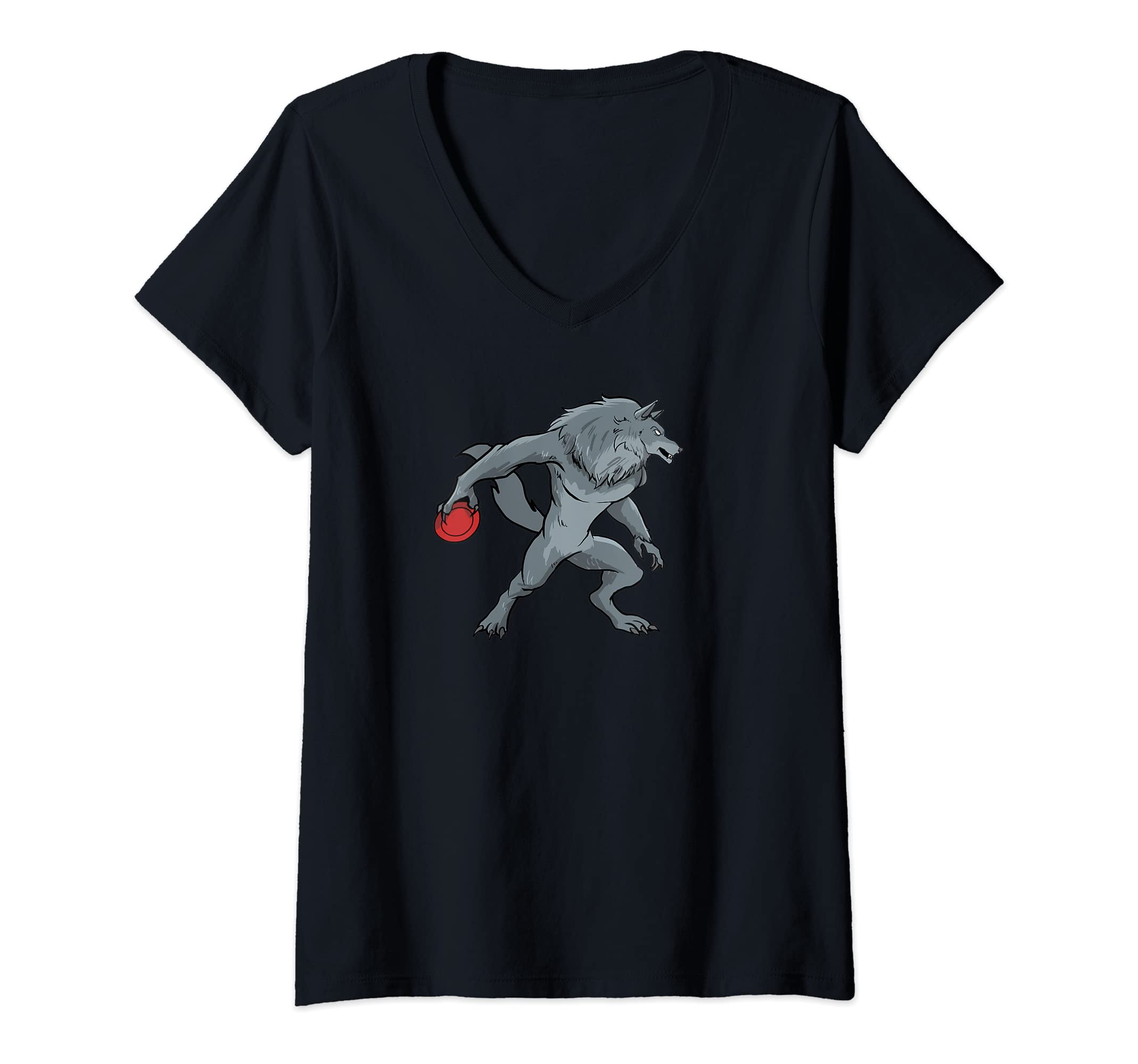 Womens Disc Golf Wolf - Frolf Frisbee Golf V-Neck T-Shirt, Black