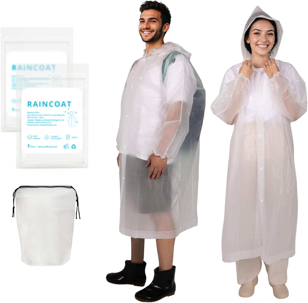 2 PCS RainCoats Reusable PEVA Rain Hoody Ponchos with a Drawstring Bag, Unisex Lightweight Portable Waterproof Large Size Perfect for Camping Hiking Music Festival Theme Park Travel Emergency, White