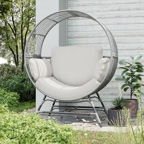 Fancyango Egg Chair Outdoor Indoor, Oversized Rattan Chair with Thicken Cushion, 350LBS Capacity Wicker Patio Lounge Chair, Basket Chair for Living Room Balcony Porch Backyard, Grey/Light Grey