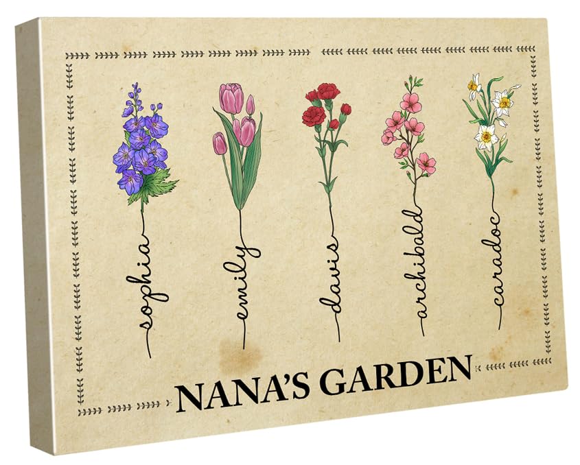 A71414 Personalized Landscape Canvas Gifts for Nana Birth Month Flower with Name, Custom Nana's Grandma Garden Wall Art Print On Wood Mothers Day Birthday Christmas from Kids Daughter Son