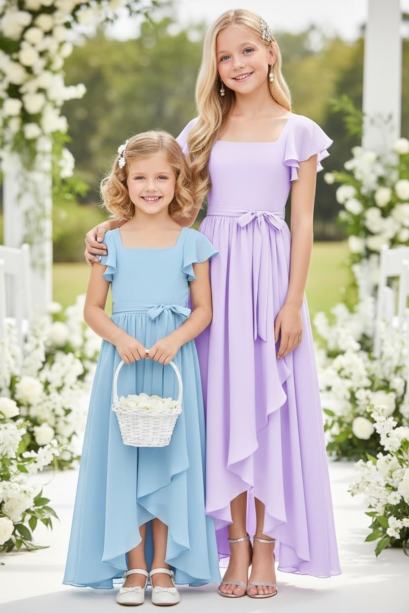 Short Sleeves Junior Bridesmaid Dress for Teen Girls Chiffon Flower Girl Dress for Wedding Party Pageant Gown