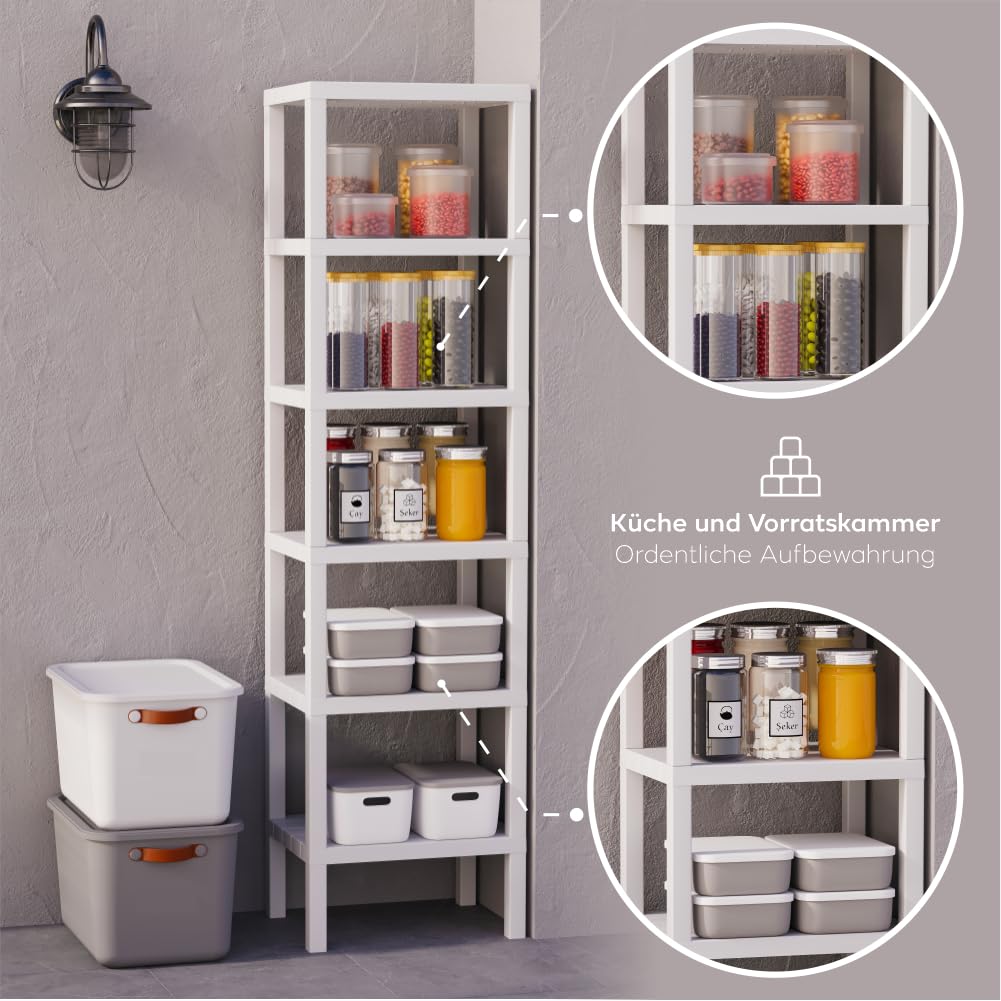 sugodesign OMBEG 6-stufiges Regal, Flexibles Standregal oder Beistellregal, Kunststoff, 10 kg Tragkraft pro Ebene, Werkzeuglose Montage, für Bad, Küche, Büro (weiß)