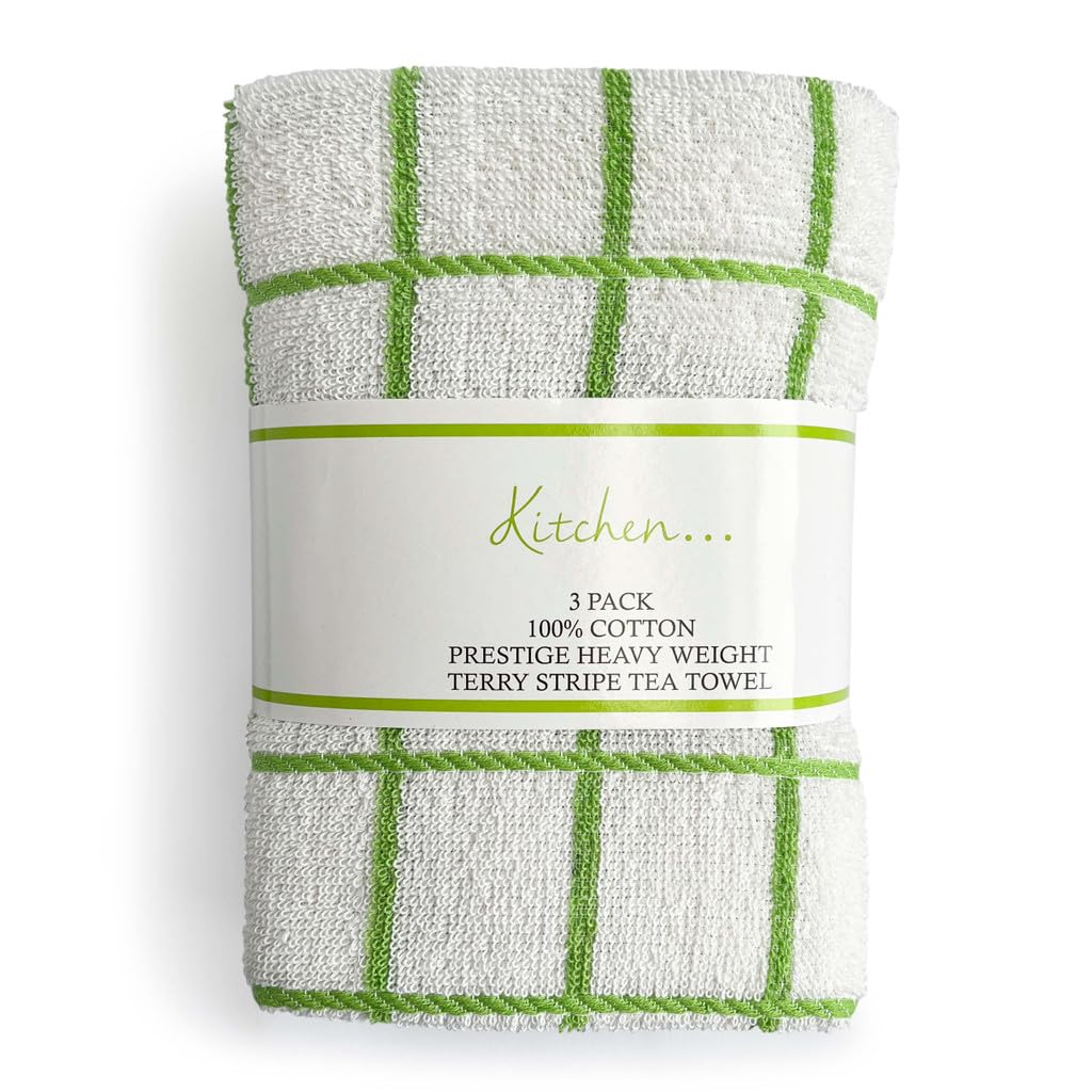 Style Spot Pack of 9 100% Cotton Prestige Terry Stripe Tea Towel: Versatile Kitchen Cloths for Cleaning and Drying Green