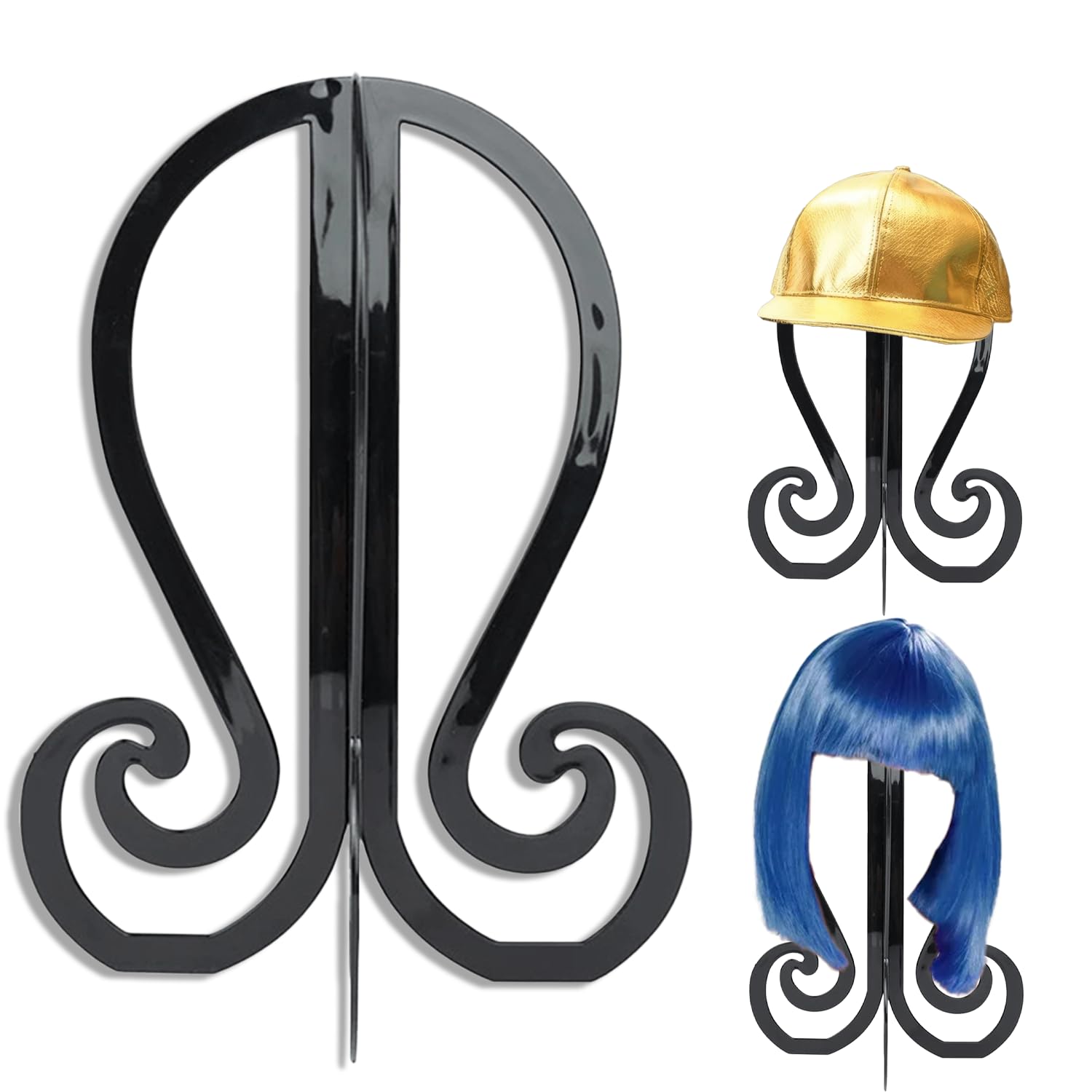 Heporioly Black Wig Stand, 3Pcs Collapsible Head Stand, Wig Head Holder For Short Wigs Hats Cosplay, Portable Display Stands (Black)