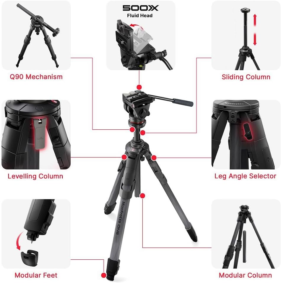 Manfrotto 500X Fluid Video Head with ONE Hybrid Carbon Fibre Tripod, Photo & Video Tripod Kit, 11lbs Load, Levelling Column, 90° Horizontal Column, Quick Release System, for DSLR, Mirrorless Cameras