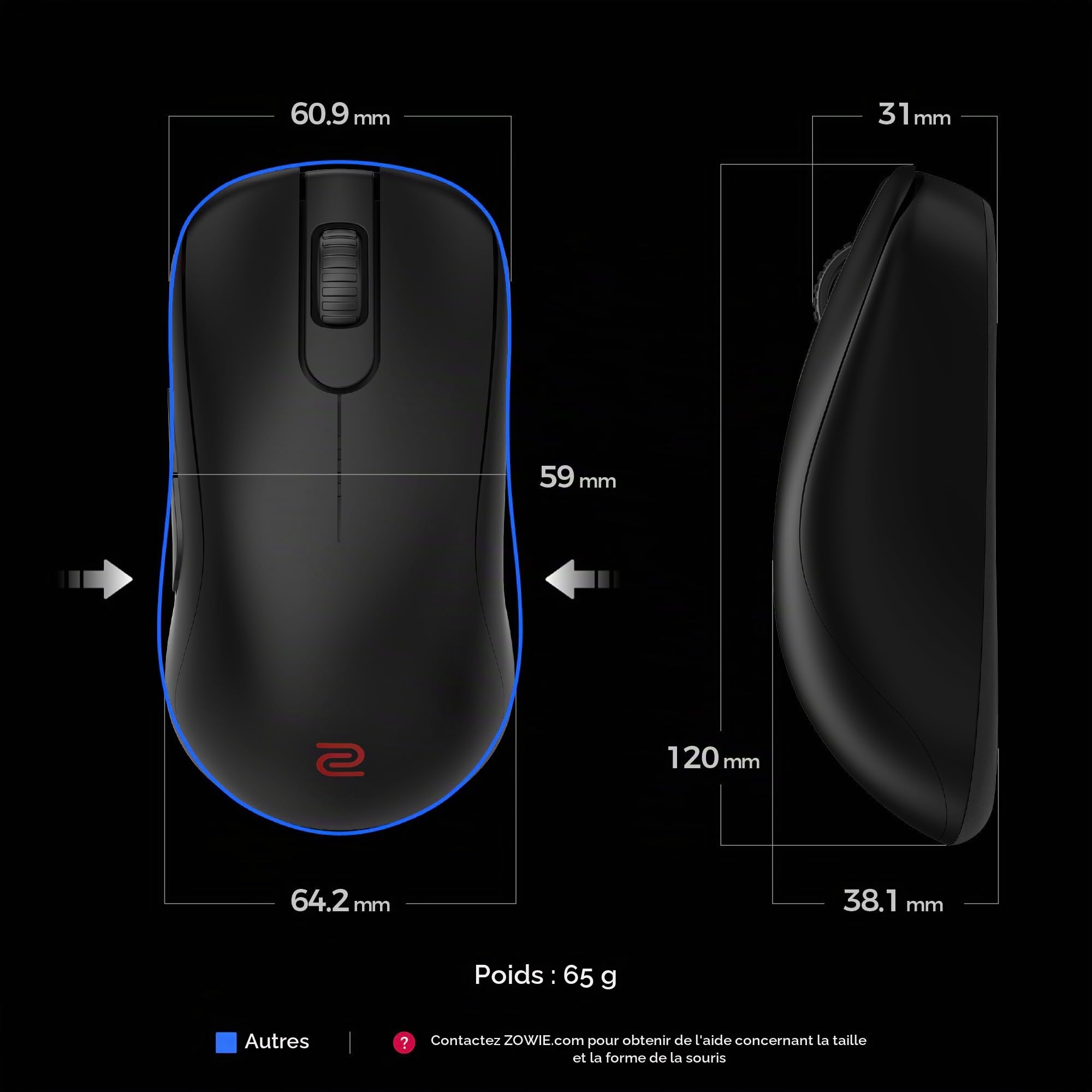 BenQ Zowie S2-DW 4K Souris Gaming sans Fil pour l’Esport | Science du Sport | récepteur 4K amélioré | 65g | symétrique | sans Pilote | capteur 3950 | 4K Polling Rate