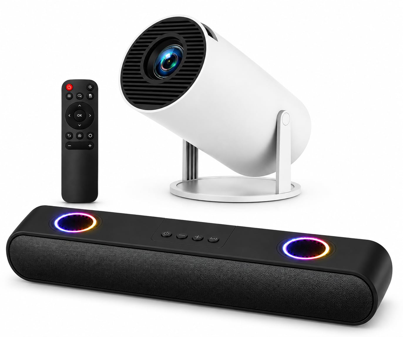 mini portable projector with rgb soundbar home theater combo | 1080p hd display, bluetooth wireless, led cinema, remote control included, gaming & movies