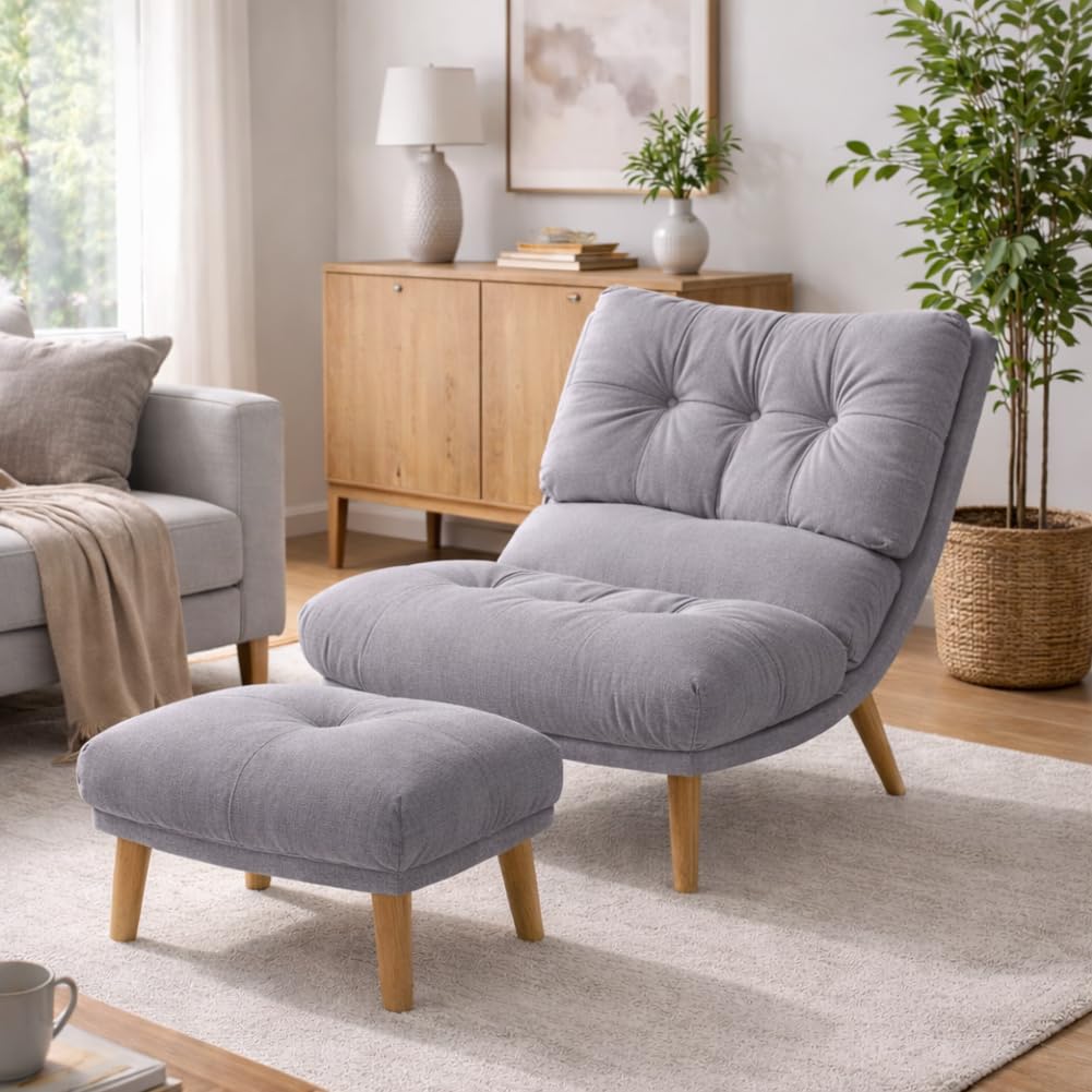 BAKAJI Poltrona Reclinabile con Poggiapiedi e Imbottitura Extra Soffice, Poltroncina e Pouf Sgabello Altissima Densità, Seduta Ergonomica e Schienale Inclinabile, Soggiorno, Camera da Letto (Grigio)