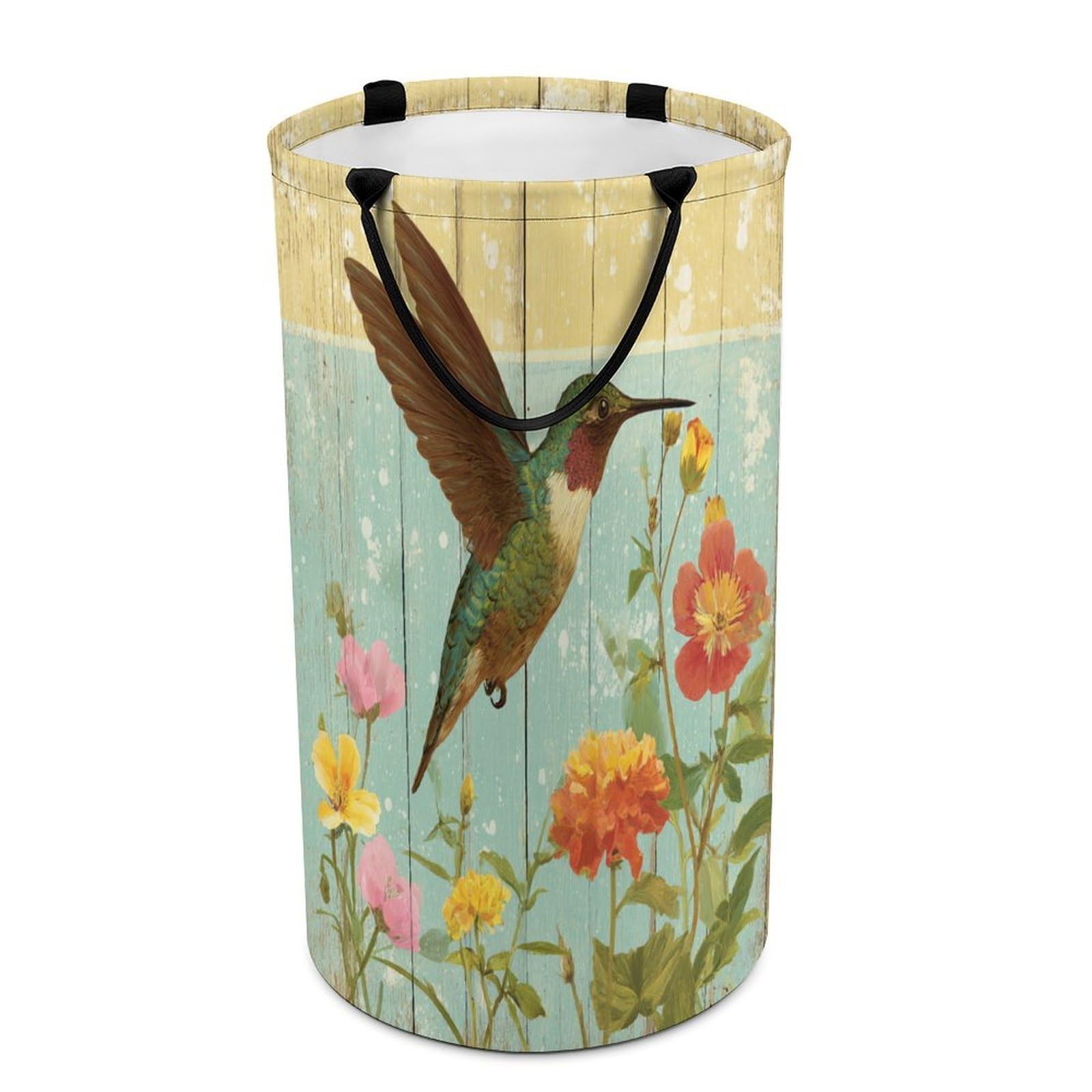 LUYYSKY Classic Rustic Birds Hummingbird Collapsible Dirty Clothes Basket, Retro Oil Painting Wooden Board Animals Hummingbirds Flowers Portable Clothes Storage Basket