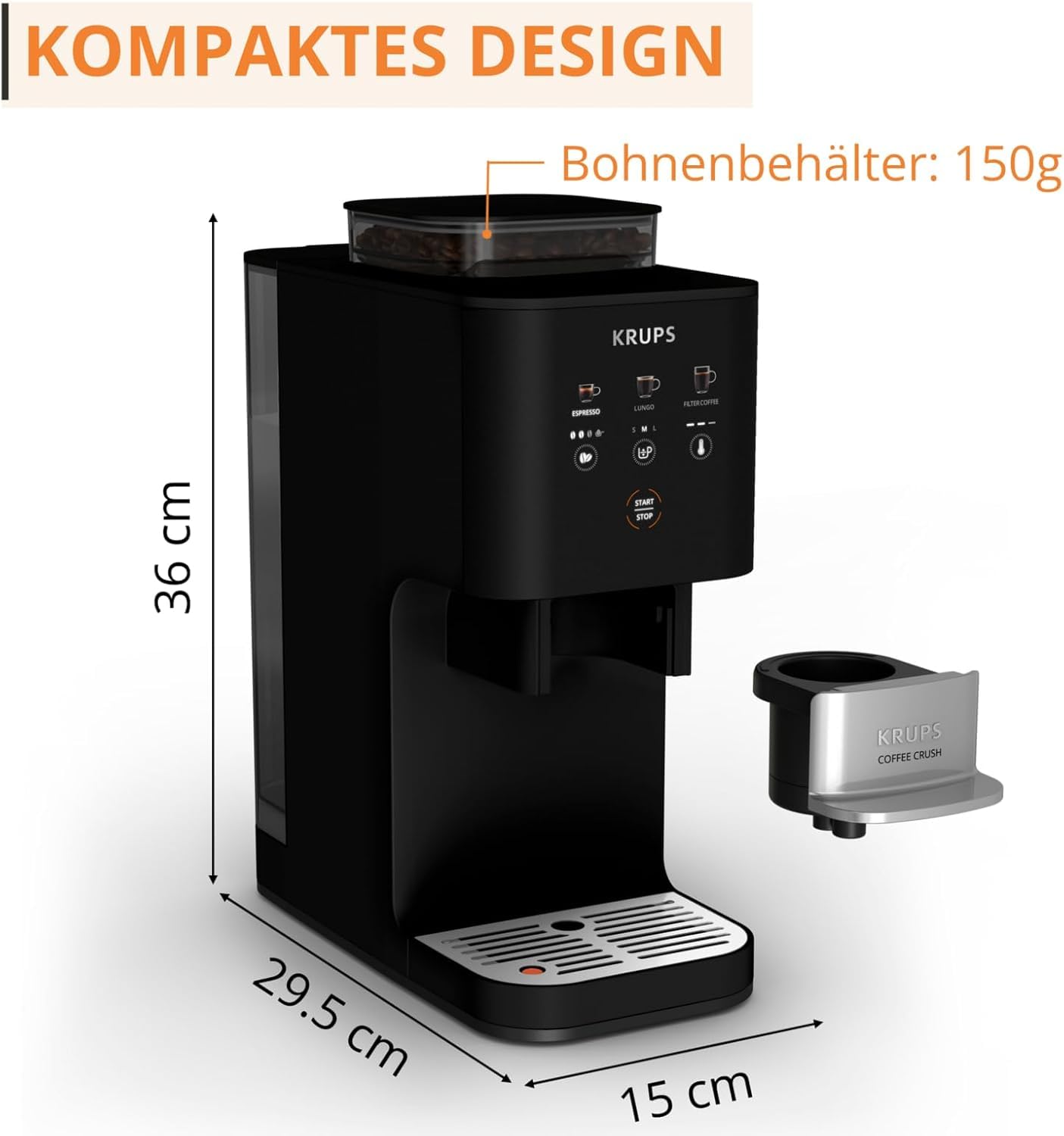 KRUPS Kaffeevollautomat Coffee Crush SA4028E0 mit elektrischem Milchaufschäumer XL1008 – Edelstahlmahlwerk, 15 cm schmal, Frisch- & Pulverkaffee, 150 ml Milchschaum, Schwarz