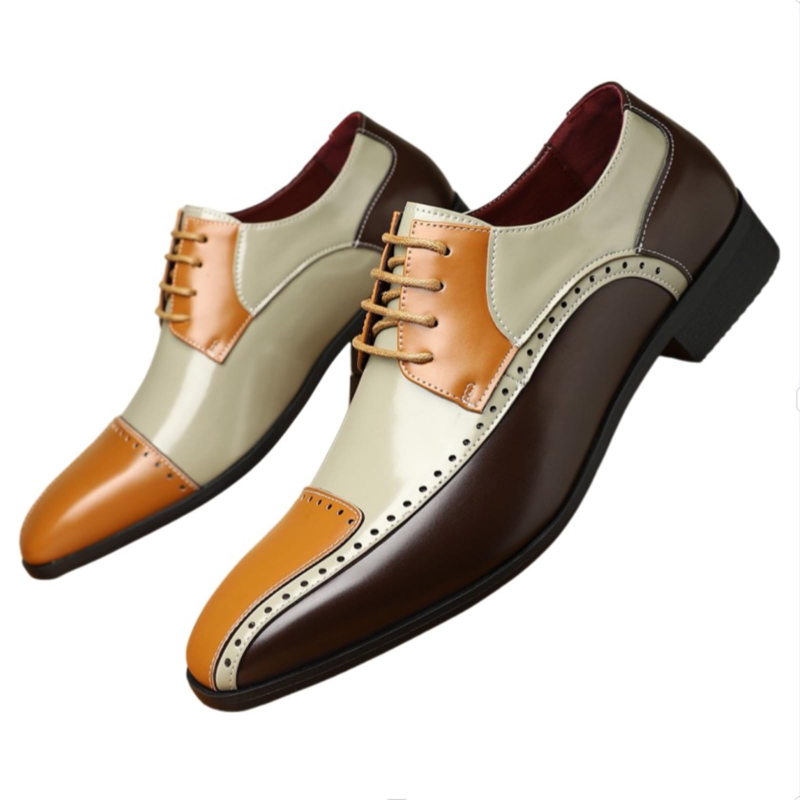 Men's Two Tone Patckwork Brogue Leather Lace Up Dress Oxford Shoes Low Heel Wingtip Soft…