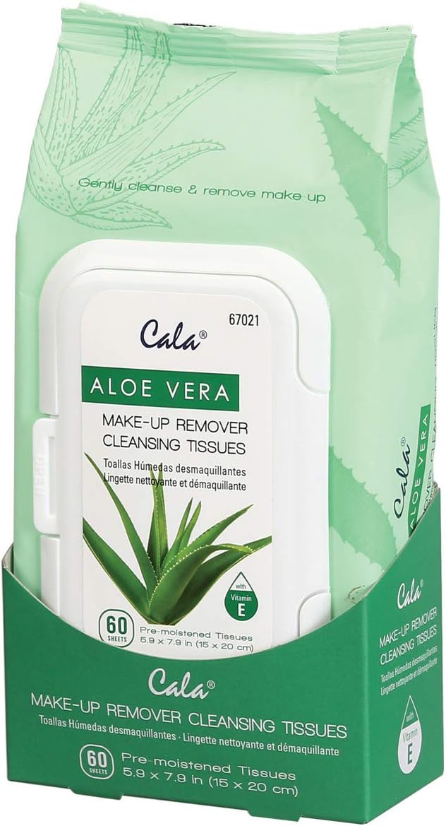 CALA Makeup Remover Cleansing Tissues Aloe Vera, Removes Makeup + Waterproof Eye Makeup Without Irritation, Deep Cleansing Wipes Leave Skin Soft Smooth Moisturized, 60 Sheets
