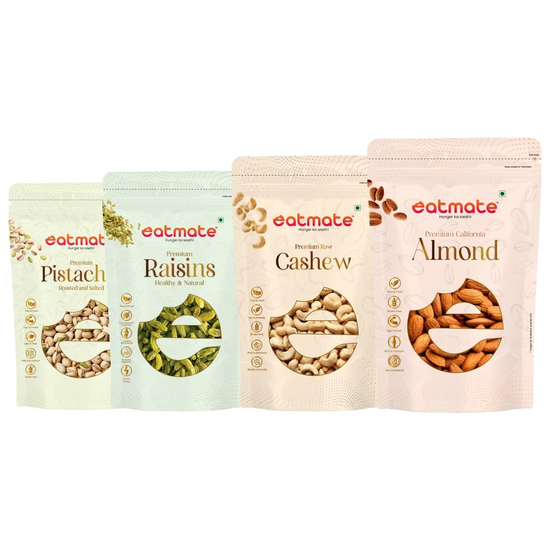 Eatmate Dry Fruits Combo- Green Raisins, Almonds, Cashews, Roasted Pistachios (250g Each)| Fresh Healthy Snacks for Munching, Gifting, Daily Consumption (Pack of 4)