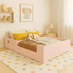 Cama Casal Montessoriana Infantil Princesa Grade de Proteção Lateral Moderna MDF - Rosa