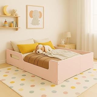 Cama Casal Montessoriana Infantil Princesa Grade de Proteção Lateral Moderna - Rosa