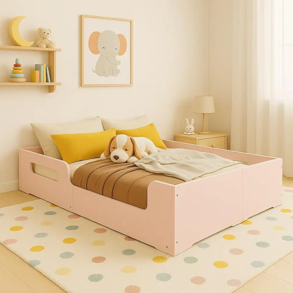 Cama Casal Montessoriana Infantil Princesa Grade de Proteção Lateral Moderna MDF - Rosa