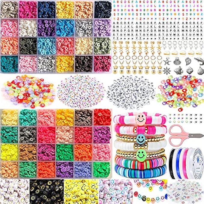 9600+ Pieces 48 Colors Clay Bead Bracelet Making Kit Flat Round Polymer Clay Spacer Beads Heishi Beaded Bracelet Necklace Earrings Craft Decoration Strap Pendant Jump Ring Elastic Cord (6mm)