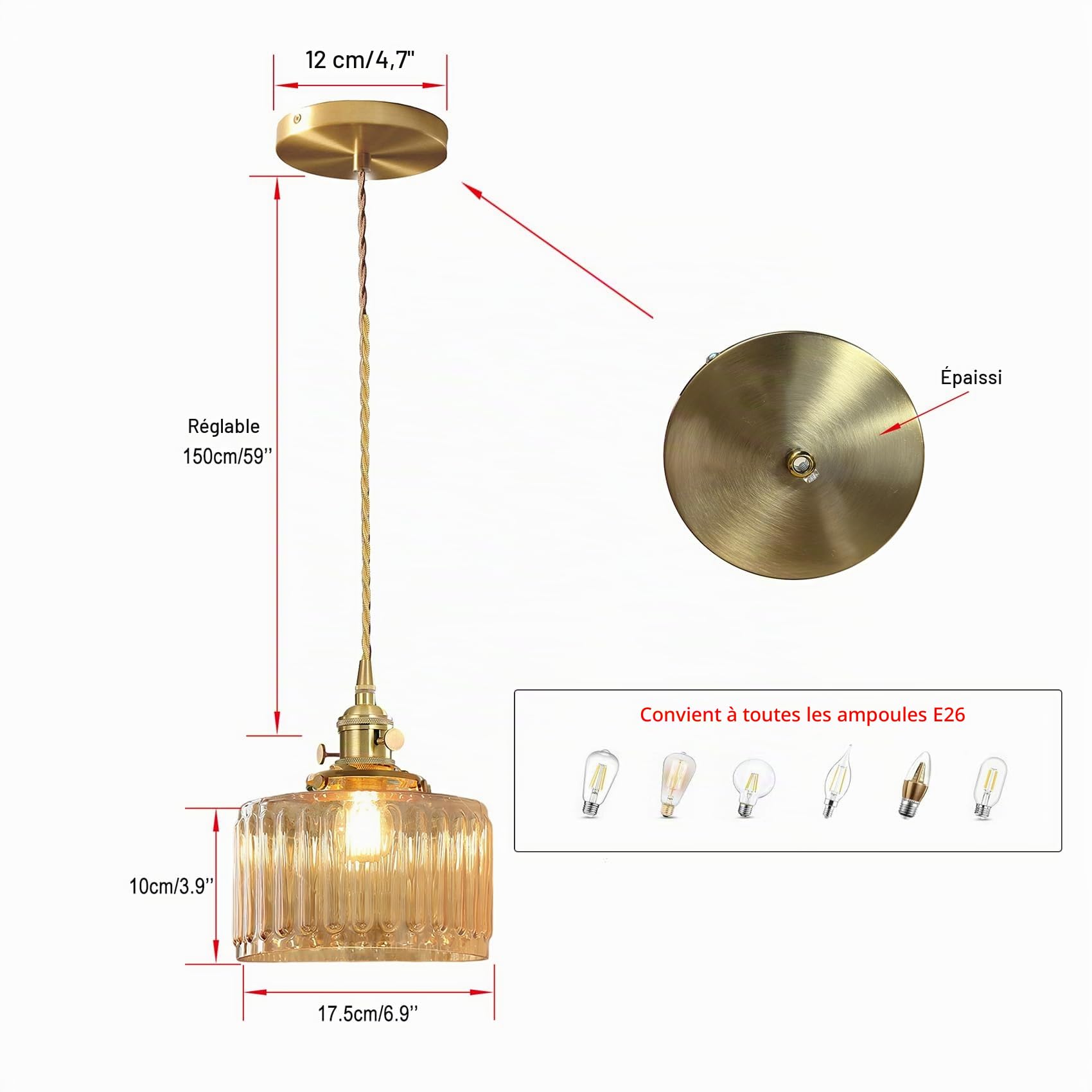 Suspension en verre ambré avec support en métal doré, hauteur ajustable, éclairage vintage moderne pour salle à manger, îlot de cuisine