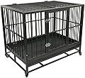 UNDERDOG Super Heavy Duty Metal Dog Crate Cage with Roof & Wheels EASY clean sliding TRAY (X-Large 42", Black Hammered)