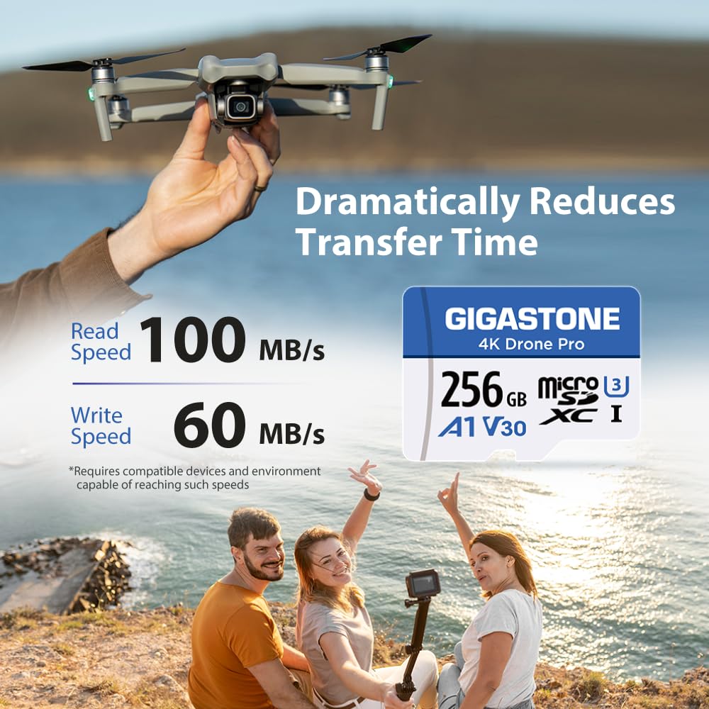 GIGASTONE Carte Micro SD 256 Go, 4K Drone Pro, MicroSDXC pour Wyze Cam, Caméra de Sécurité, Drone DJI ou Caméra d’Action, Enregistrement Vidéo 4K, UHS-I U3 A1 V30, 100 Mo/s, avec Adaptateur