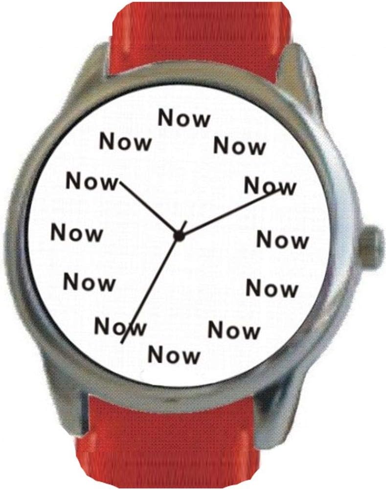 The NOW WatchNow is The Time That is Shown Each Hour on The White Dial of The Extra Large Polished Chrome Watch with a Red Leather Strap