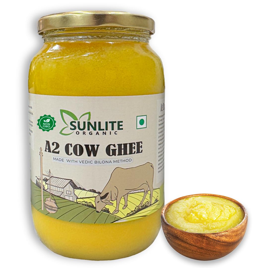 Sunlite Organic A2 Desi Cow Ghee 500ml Glass Bottle I Indian Origin Non-GMO Lab Tested Two Way Curd Churned Vedic Bilona Method Pure A2 Ghee I Natural & Healthy Cultured Desi Ghee