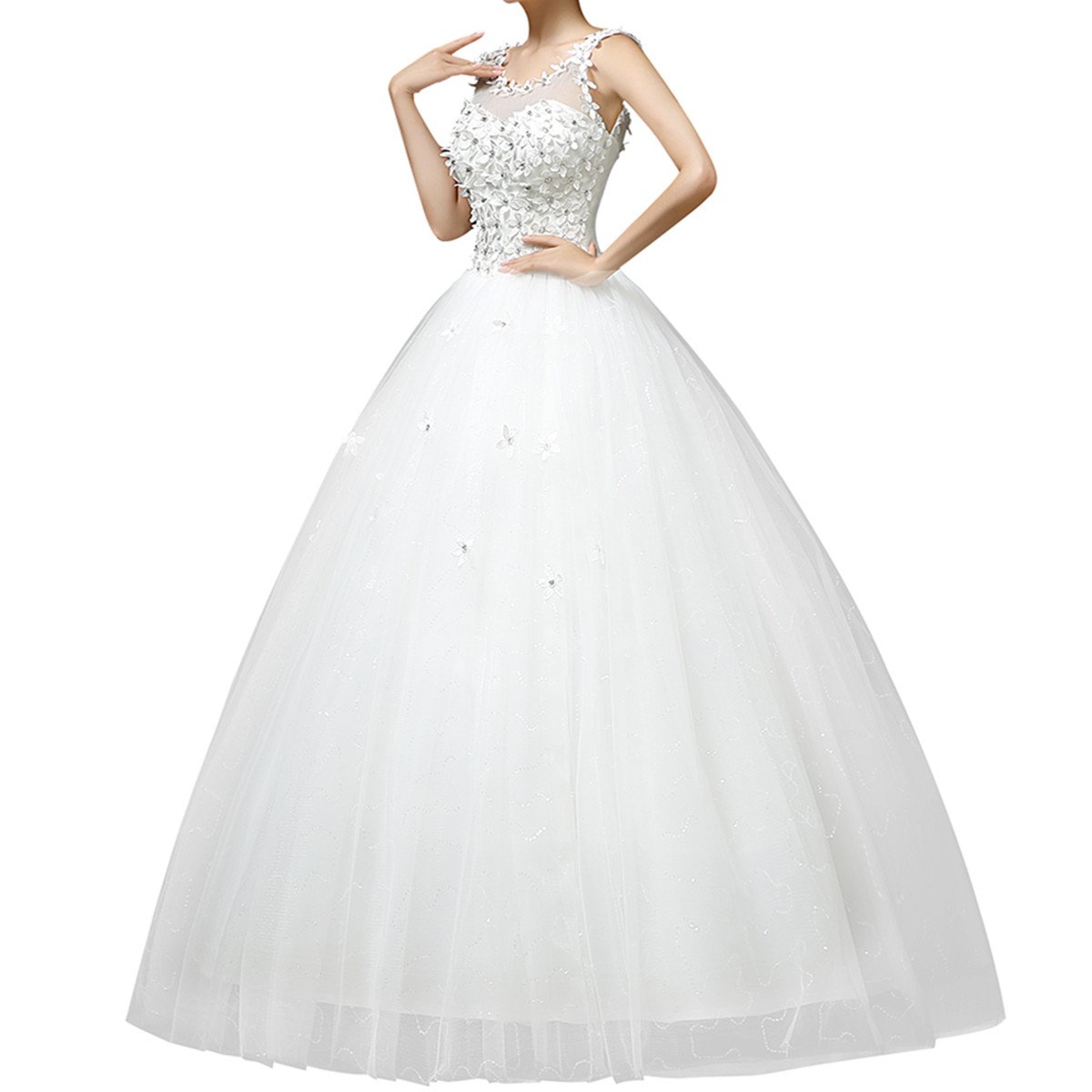 Vestito da sposa, da donna, elegante, in pizzo con schiena nuda, con fiori