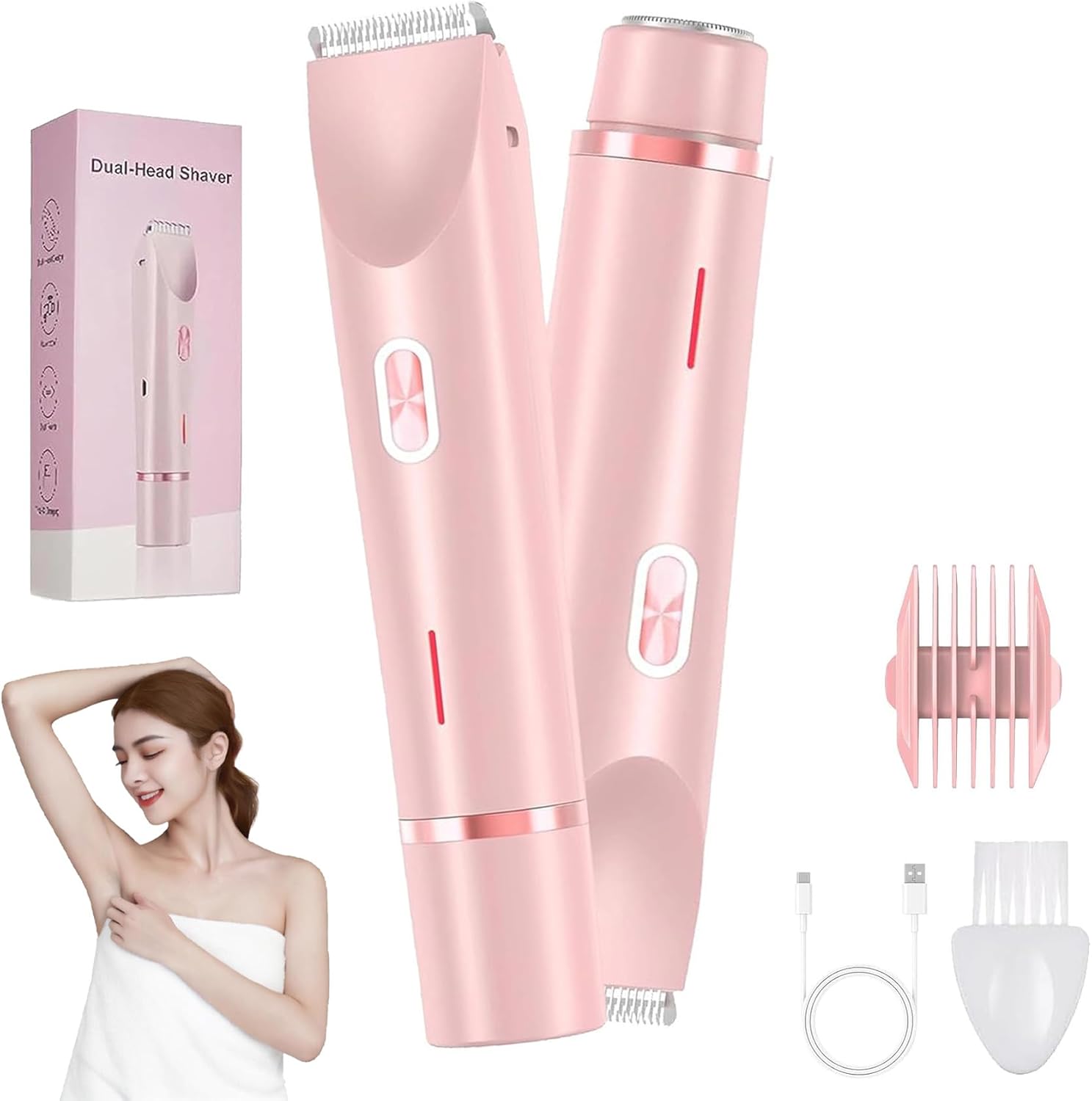 Beauty Bloom V2 Electric Razor, 2 in 1 Women’s Body Shaver, Bikini Trimmer, with Removable Head, Wet and Dry Use, USB Rechargeable & Easy Cleaning (Pink,2 set)